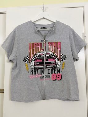 Ruby & Lace+ Racing Graphic Full Zip T Shirt 1X Y2K Moto Racer Biker Gray